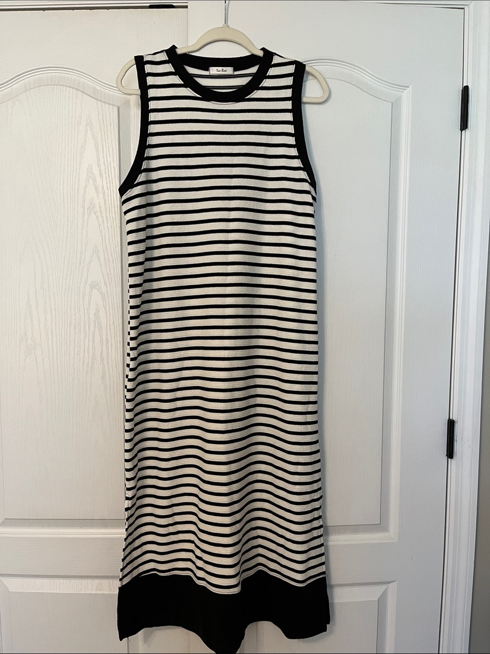 Sleeveless Black & White Striped Knit Midi Dress